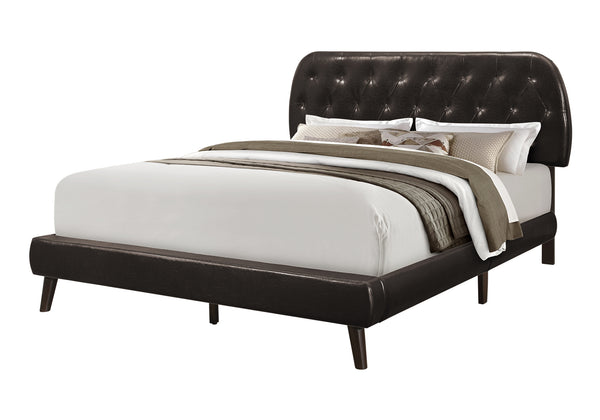 Monarch Specialties Bed, Queen Size, Bedroom, Upholstered, Brown Leather Look, Wood Legs, Transitional Brown Foam,Mdf,Solid Wood,Leather,Look I 5982q
