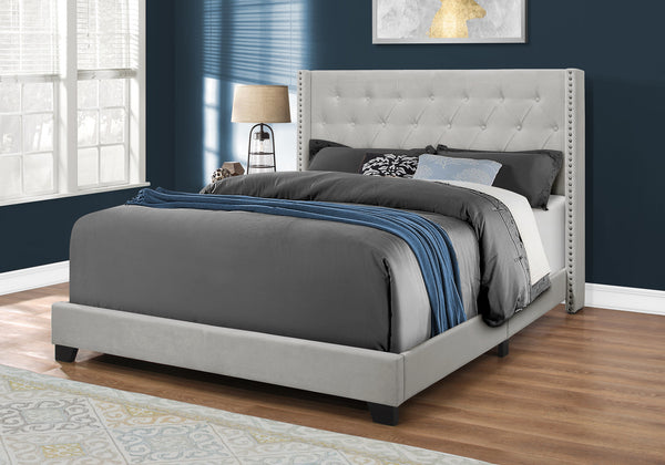 Monarch Specialties Bed, Queen Size, Bedroom, Upholstered, Grey Velvet, Chrome Trim, Transitional Light Grey Foam,Lvl,Mdf,Metal,Plastic,Solid Wood,Velvet I 5985q