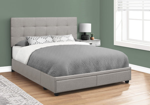 Monarch Specialties Bed, Queen Size, Bedroom, Upholstered, Grey Linen Look, Wood Legs, Transitional Grey Foam,Lvl,Mdf,Solid Wood I 6020q