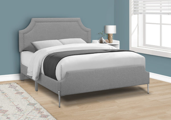 Monarch Specialties Bed, Queen Size, Bedroom, Upholstered, Grey Linen Look, Chrome Metal Legs, Transitional Grey Foam,Lvl,Mdf,Metal,Plastic,Solid Wood,Linen,Look I 6035q