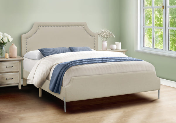 Monarch Specialties Bed, Queen Size, Bedroom, Upholstered, Beige Linen Look, Chrome Metal Legs, Transitional Beige Foam,Lvl,Mdf,Metal,Plastic,Solid Wood,Linen,Look I 6036q