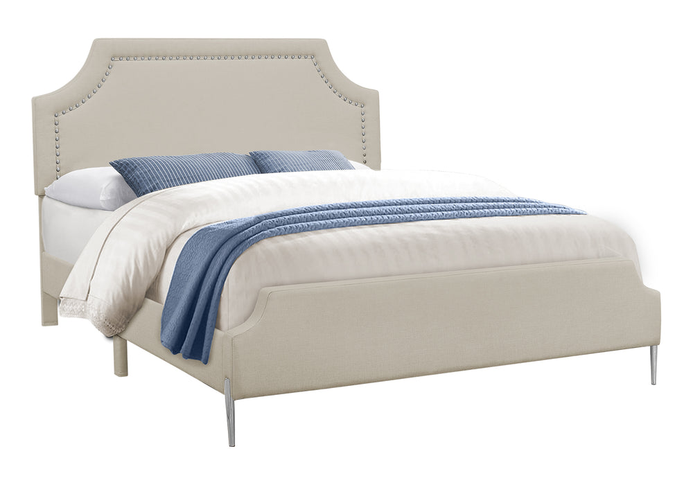 Monarch Specialties Bed, Queen Size, Bedroom, Upholstered, Beige Linen Look, Chrome Metal Legs, Transitional Beige Foam,Lvl,Mdf,Metal,Plastic,Solid Wood,Linen,Look I 6036q