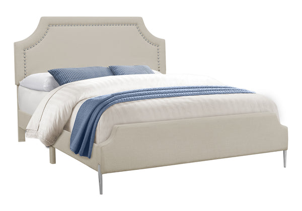 Monarch Specialties Bed, Queen Size, Bedroom, Upholstered, Beige Linen Look, Chrome Metal Legs, Transitional Beige Foam,Lvl,Mdf,Metal,Plastic,Solid Wood,Linen,Look I 6036q