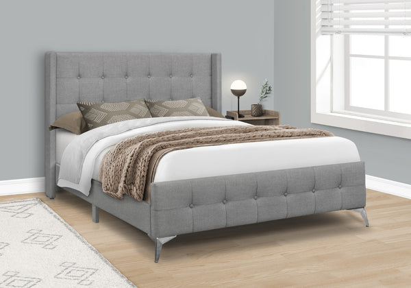 Monarch Specialties Bed, Queen Size, Bedroom, Upholstered, Grey Linen Look, Chrome Metal Legs Grey Foam,Lvl,Mdf,Metal,Plastic,Solid Wood,Linen,Look I 6040q