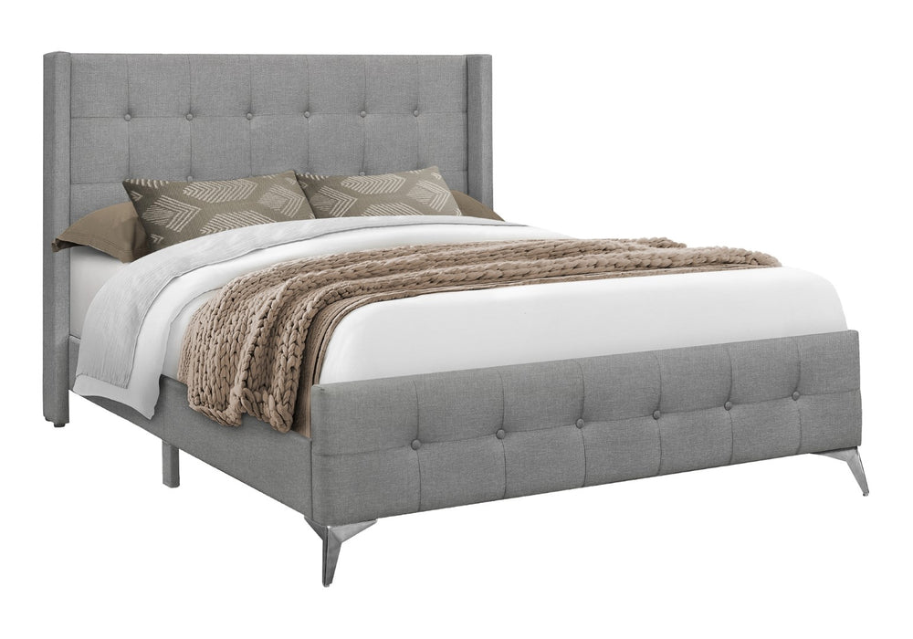 Monarch Specialties Bed, Queen Size, Bedroom, Upholstered, Grey Linen Look, Chrome Metal Legs Grey Foam,Lvl,Mdf,Metal,Plastic,Solid Wood,Linen,Look I 6040q