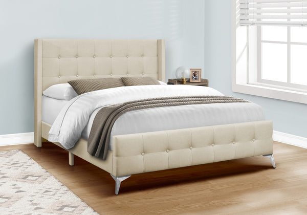 Monarch Specialties Bed, Queen Size, Bedroom, Upholstered, Beige Linen Look, Chrome Metal Legs Beige Foam,Lvl,Mdf,Metal,Plastic,Solid Wood,Linen,Look I 6041q