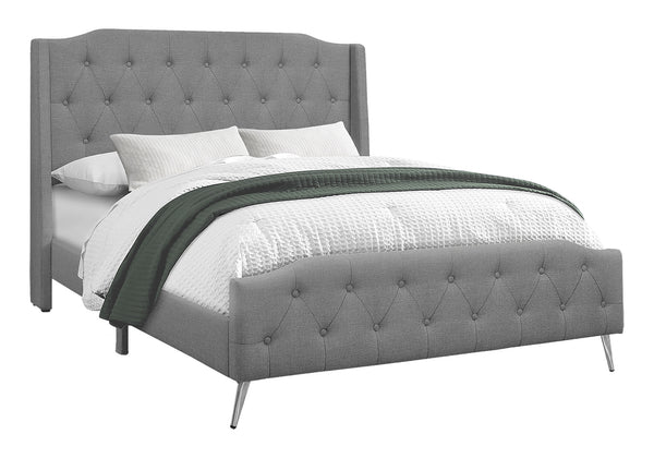 Monarch Specialties Bed, Queen Size, Bedroom, Upholstered, Grey Linen Look, Chrome Metal Legs, Transitional Grey Foam,Lvl,Mdf,Metal,Plastic,Solid Wood,Linen,Look I 6045q