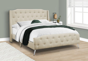 Monarch Specialties Bed, Queen Size, Bedroom, Upholstered, Beige Linen Look, Chrome Metal Legs, Transitional Beige Foam,Lvl,Mdf,Metal,Plastic,Solid Wood,Linen,Look I 6046q