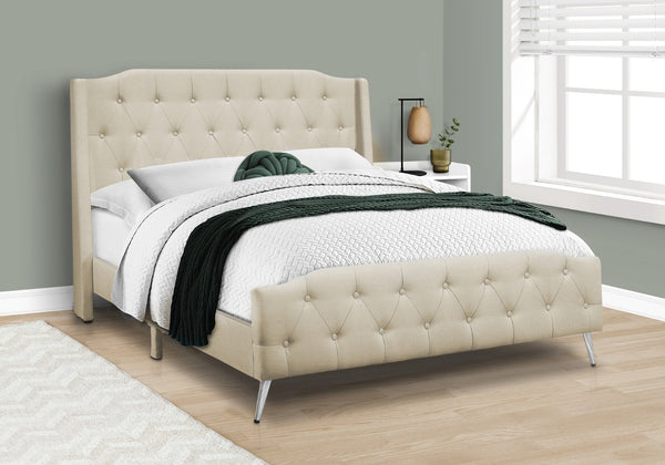 Monarch Specialties Bed, Queen Size, Bedroom, Upholstered, Beige Linen Look, Chrome Metal Legs, Transitional Beige Foam,Lvl,Mdf,Metal,Plastic,Solid Wood,Linen,Look I 6046q
