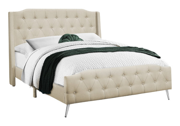 Monarch Specialties Bed, Queen Size, Bedroom, Upholstered, Beige Linen Look, Chrome Metal Legs, Transitional Beige Foam,Lvl,Mdf,Metal,Plastic,Solid Wood,Linen,Look I 6046q