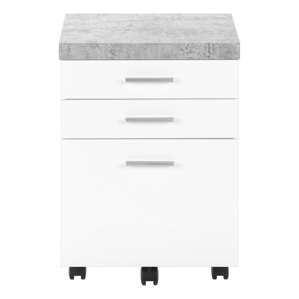 Monarch Specialties File Cabinet, Rolling Mobile, Storage Drawers, Printer Stand, Office, Work, White And Grey Cement Laminate, Contemporary, Modern White,Black,Grey, Black,Grey Particle Board,Hollow,Core,Laminate,Mdf I 7051