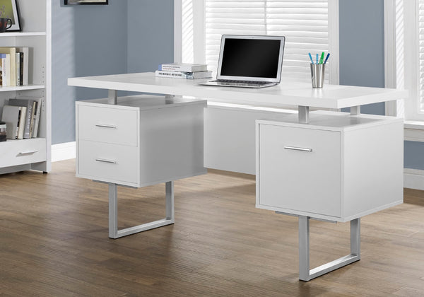 Monarch Specialties Computer Desk, Home Office, Laptop, Left, Right Set-up, Storage Drawers, 60"L, Work, White Laminate, Grey Metal, Contemporary, Modern White,Silver, Silver Particle Board,Hollow,Core,Laminate,Mdf,Metal I 7081