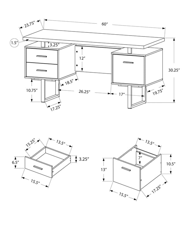 Monarch Specialties Computer Desk, Home Office, Laptop, Left, Right Set-up, Storage Drawers, 60"L, Work, White Laminate, Grey Metal, Contemporary, Modern White,Silver, Silver Particle Board,Hollow,Core,Laminate,Mdf,Metal I 7081