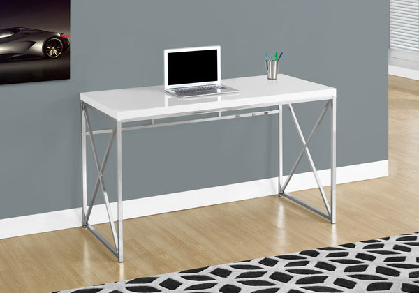 Monarch Specialties Computer Desk, Home Office, Laptop, Work, Glossy White Laminate, Chrome Metal, Contemporary, Modern White Mdf,Metal I 7205