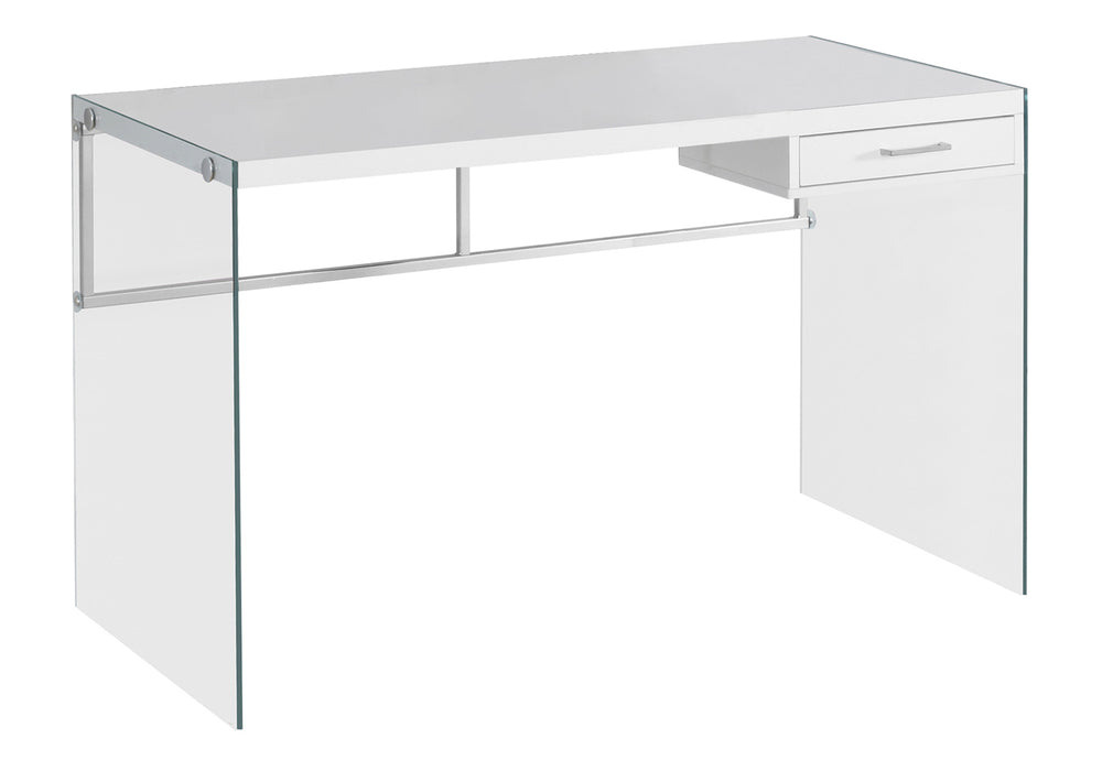 Monarch Specialties Computer Desk, Home Office, Laptop, Storage Drawers, 48"L, Work, Glossy White Laminate, Clear Tempered Glass, Contemporary, Modern White Particle Board,Glass,Metal,Tempered Glass I 7209