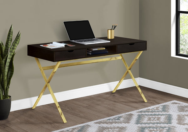 Monarch Specialties Computer Desk, Home Office, Laptop, Storage Drawers, 48"L, Work, Brown Laminate, Gold Metal, Contemporary, Modern Espresso Particle Board,Laminate,Metal I 7210