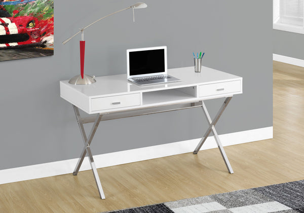 Monarch Specialties Computer Desk, Home Office, Laptop, Storage Drawers, 48"L, Work, Glossy White Laminate, Chrome Metal, Contemporary, Modern White Particle Board,Laminate,Metal I 7211