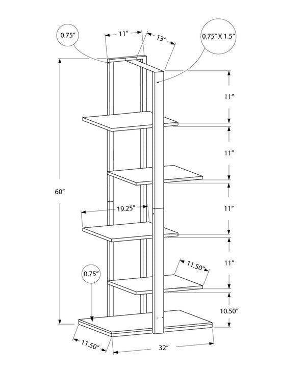 Monarch Specialties Bookshelf, Bookcase, Etagere, 5 Tier, 60"H, Office, Bedroom, Brown Laminate, Black Metal, Contemporary, Modern Dark Taupe,Black, Black Mdf,Metal I 7232
