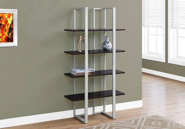 Monarch Specialties Bookshelf, Bookcase, Etagere, 4 Tier, 60"H, Office, Bedroom, Brown Laminate, Grey Metal, Contemporary, Modern Espresso,Silver, Silver Mdf,Metal I 7239