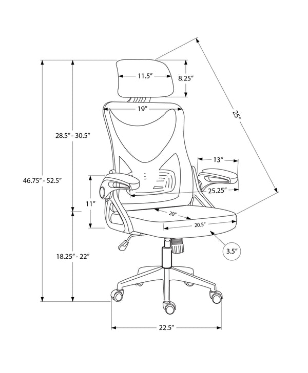 Monarch Specialties Office Chair, Adjustable Height, Ergonomic, Swivel, Work, Black Metal, Black Mesh, Contemporary, Modern Black Foam,Metal,Nylon,Plywood,Polypropylene,Polyester I 7334