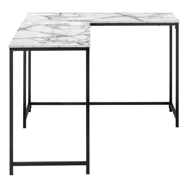 Monarch Specialties Computer Desk, Home Office, Corner, 58"L, L Shape, Work, Laptop, White Marble Look Laminate, Black Metal, Contemporary, Modern  Particle Board,Metal I 7393