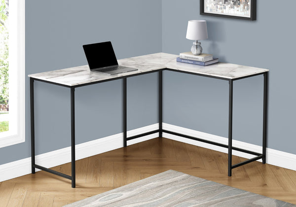Monarch Specialties Computer Desk, Home Office, Corner, 58"L, L Shape, Work, Laptop, White Marble Look Laminate, Black Metal, Contemporary, Modern  Particle Board,Metal I 7393