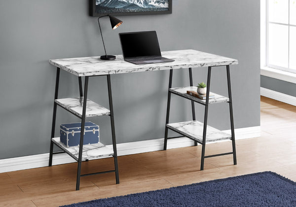 Monarch Specialties Computer Desk, Home Office, Laptop, Storage Shelves, 48"L, Work, White Marble Look Laminate, Black Metal, Contemporary, Modern White Metal,Particle Board I 7527