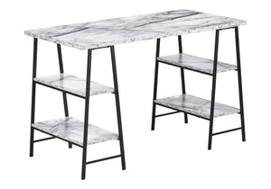 Monarch Specialties Computer Desk, Home Office, Laptop, Storage Shelves, 48"L, Work, White Marble Look Laminate, Black Metal, Contemporary, Modern White Metal,Particle Board I 7527
