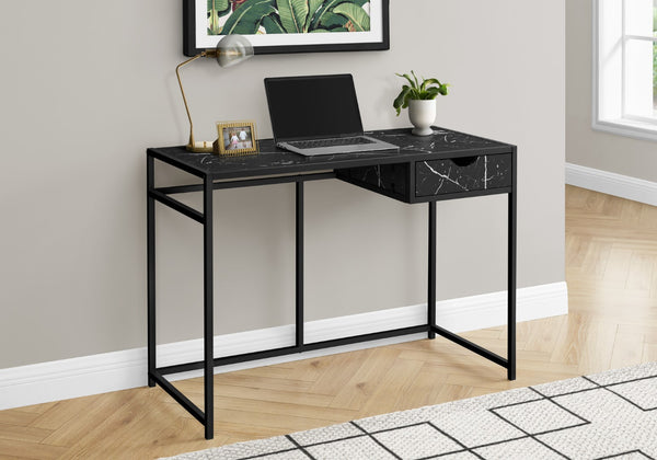 Monarch Specialties Computer Desk, Home Office, Laptop, Storage Drawer, 42"L, Work, Black Marble Look Laminate, Black Metal, Contemporary, Modern Black Mdf,Metal I 7572