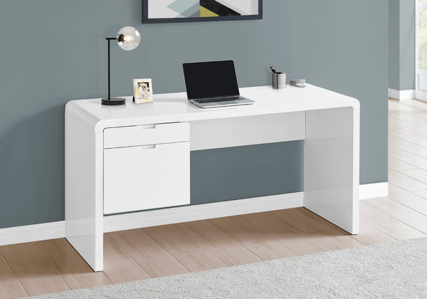 Monarch Specialties Computer Desk, Home Office, Laptop, Left, Right Set-up, Storage Drawers, 60"L, Work, Glossy White Laminate, Contemporary, Modern White Mdf I 7581