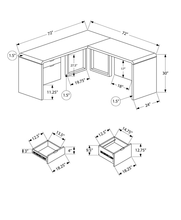 Monarch Specialties Computer Desk, Home Office, Corner, Left, Right Set-up, Storage Drawers, 72"L, L Shape, Work, Laptop, Glossy White Laminate, White Metal, Contemporary, Modern White Mdf,Metal I 7582