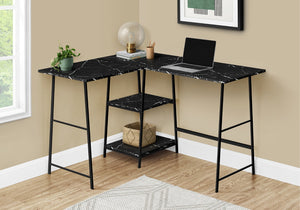 Monarch Specialties Computer Desk, Home Office, Corner, Storage Shelves, 48"L, L Shape, Work, Laptop, Black Marble Look Laminate, Black Metal, Contemporary, Modern Black Metal,Particle Board I 7594