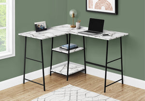 Monarch Specialties Computer Desk, Home Office, Corner, Storage Shelves, 48"L, L Shape, Work, Laptop, White Marble Look Laminate, Black Metal, Contemporary, Modern White Metal,Particle Board I 7595