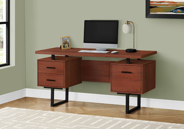 Monarch Specialties Computer Desk, Home Office, Laptop, Left, Right Set-up, Storage Drawers, 60"L, Work, Brown Laminate, Black Metal, Contemporary, Modern Cherry Particle Board,Hollow,Core,Laminate,Mdf,Metal I 7626