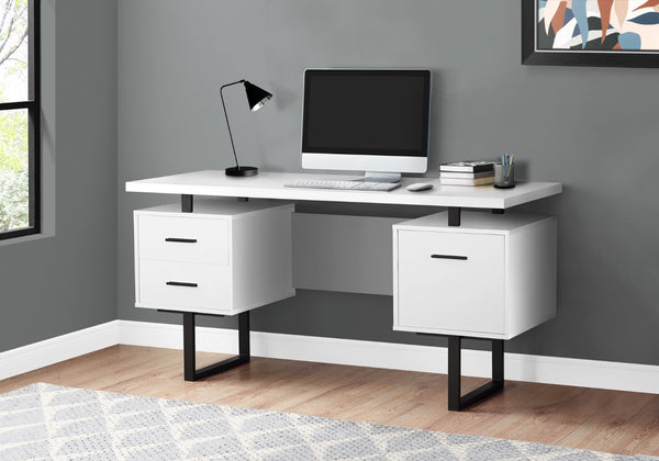 Monarch Specialties Computer Desk, Home Office, Laptop, Left, Right Set-up, Storage Drawers, 60"L, Work, White Laminate, Black Metal, Contemporary, Modern White Particle Board,Hollow,Core,Laminate,Mdf,Metal I 7631