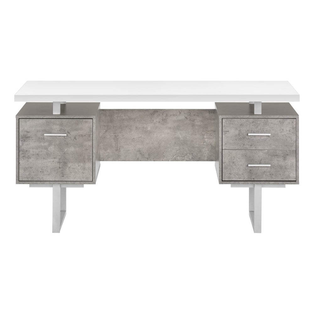 Monarch Specialties Computer Desk, Home Office, Laptop, Left, Right Set-up, Storage Drawers, 60"L, Work, White And Grey Concrete Laminate, Grey Metal, Contemporary, Modern White Particle Board,Hollow,Core,Laminate,Mdf,Metal I 7633