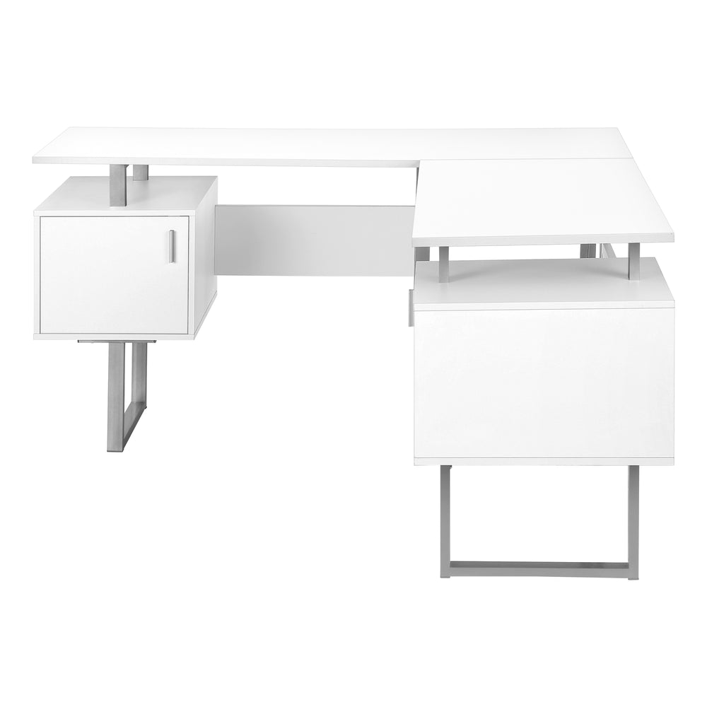 Monarch Specialties Computer Desk, Home Office, Corner, Storage, 58"L, L Shape, Work, Laptop, White Laminate, Grey Metal, Contemporary, Modern White Particle Board,Metal I 7695