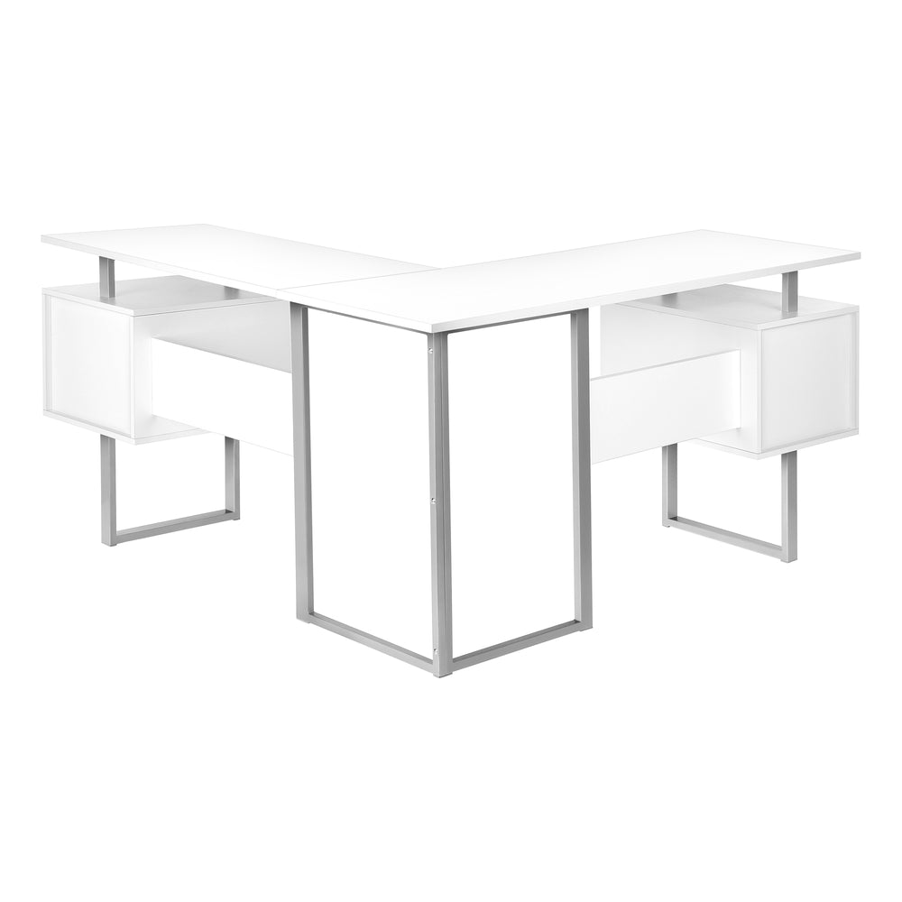 Monarch Specialties Computer Desk, Home Office, Corner, Storage, 58"L, L Shape, Work, Laptop, White Laminate, Grey Metal, Contemporary, Modern White Particle Board,Metal I 7695