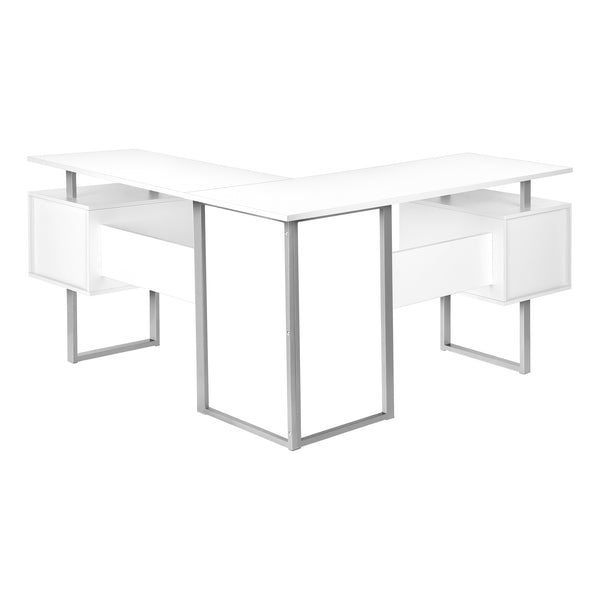 Monarch Specialties Computer Desk, Home Office, Corner, Storage, 58"L, L Shape, Work, Laptop, White Laminate, Grey Metal, Contemporary, Modern White Particle Board,Metal I 7695