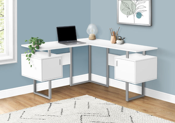 Monarch Specialties Computer Desk, Home Office, Corner, Storage, 58"L, L Shape, Work, Laptop, White Laminate, Grey Metal, Contemporary, Modern White Particle Board,Metal I 7695