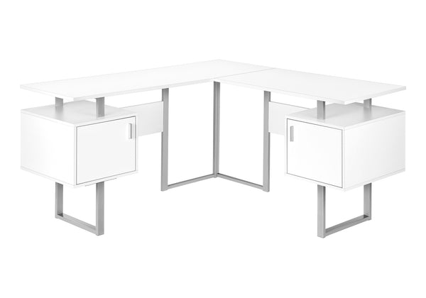 Monarch Specialties Computer Desk, Home Office, Corner, Storage, 58"L, L Shape, Work, Laptop, White Laminate, Grey Metal, Contemporary, Modern White Particle Board,Metal I 7695