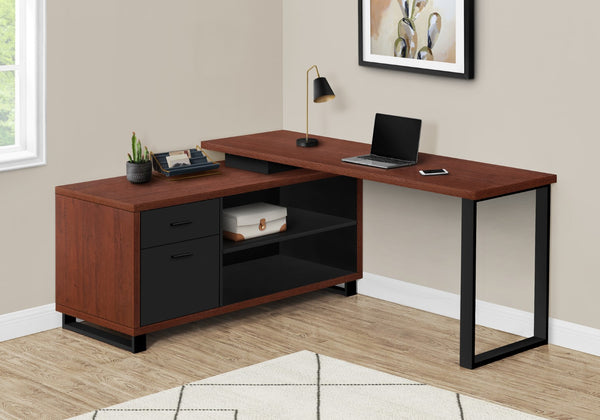 Monarch Specialties Computer Desk, Home Office, Corner, Storage Drawers, 72"L, L Shape, Work, Laptop, Brown Laminate, Black Metal, Contemporary, Modern Cherry,Black, Black Particle Board,Laminate,Metal I 7713