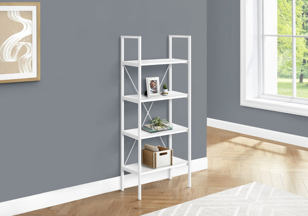 Monarch Specialties Bookshelf, Bookcase, 4 Tier, 48"H, Office, Bedroom, White Laminate, White Metal, Contemporary, Modern White Particle Board,Metal I 7801