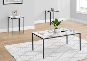 Monarch Specialties Table Set, 3pcs Set, Coffee, End, Black Metal, White Marble Look Laminate, Contemporary, Modern White,Black, Black Particle Board,Metal I 7892p