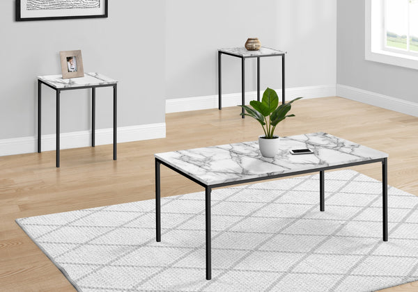 Monarch Specialties Table Set, 3pcs Set, Coffee, End, Black Metal, White Marble Look Laminate, Contemporary, Modern White,Black, Black Particle Board,Metal I 7892p