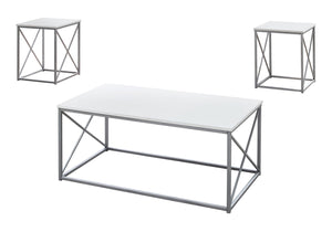 Monarch Specialties Table Set, 3pcs Set, Coffee, End, Side, Accent, Living Room, White Laminate, Grey Metal, Contemporary, Modern White,Silver, Silver Mdf,Metal I 7951p