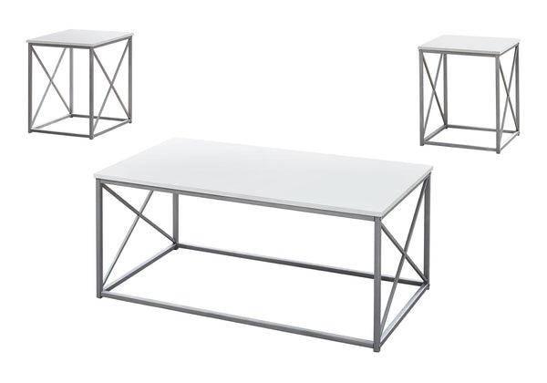 Monarch Specialties Table Set, 3pcs Set, Coffee, End, Side, Accent, Living Room, White Laminate, Grey Metal, Contemporary, Modern White,Silver, Silver Mdf,Metal I 7951p