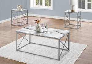 Monarch Specialties Table Set, 3pcs Set, Coffee, End, Side, Accent, Living Room, White Marble Look Laminate, Grey Metal, Contemporary, Modern White Particle Board,Metal I 7953p