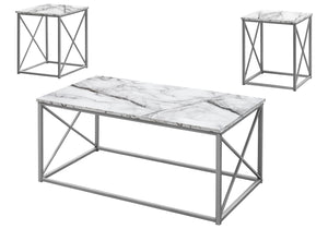 Monarch Specialties Table Set, 3pcs Set, Coffee, End, Side, Accent, Living Room, White Marble Look Laminate, Grey Metal, Contemporary, Modern White Particle Board,Metal I 7953p