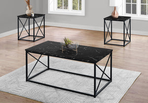 Monarch Specialties Table Set, 3pcs Set, Coffee, End, Side, Accent, Living Room, Black Marble Look Laminate, Black Metal, Contemporary, Modern Black Particle Board,Metal I 7954p